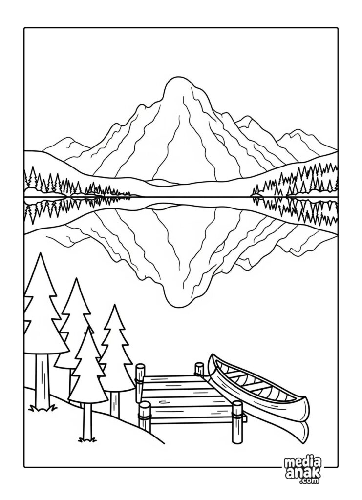Gambar sketsa mewarnai pemandangan gunung yang terpantul sempurna di danau yang tenang dengan perahu kano di dermaga.