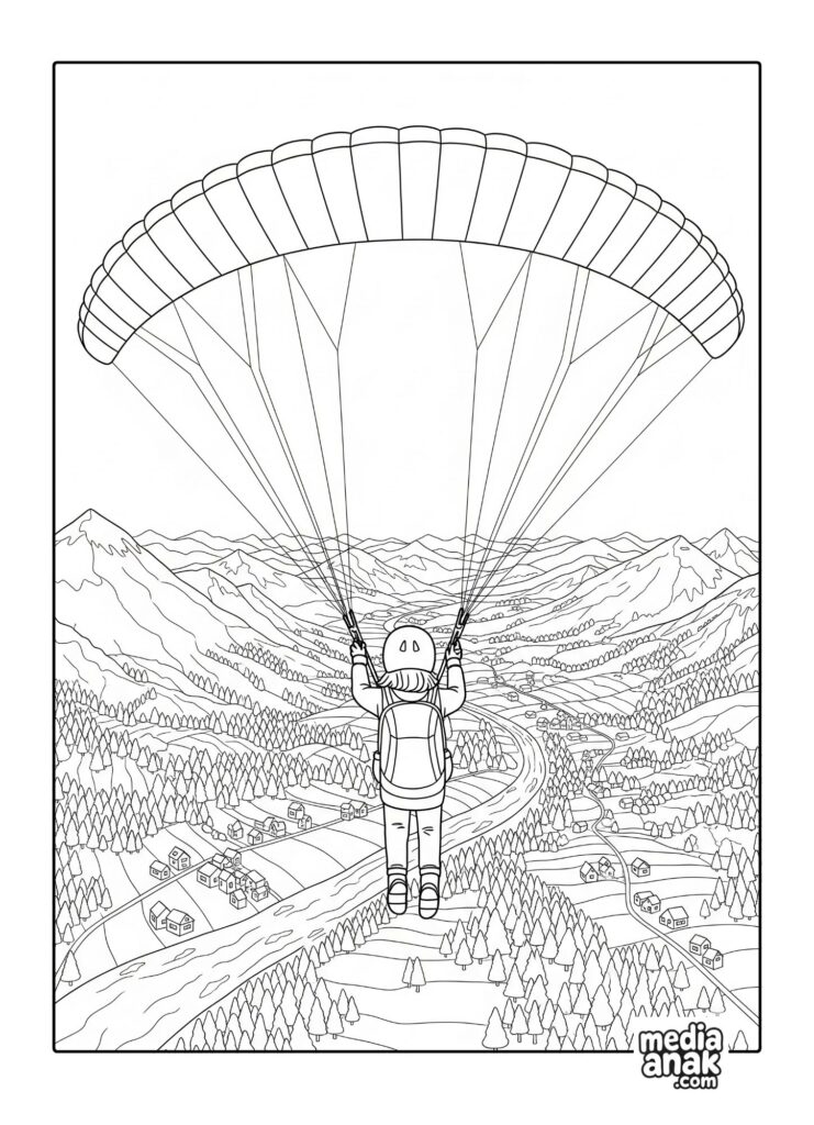 Gambar sketsa mewarnai pemandangan lembah gunung dari sudut pandang orang yang sedang melakukan paralayang.