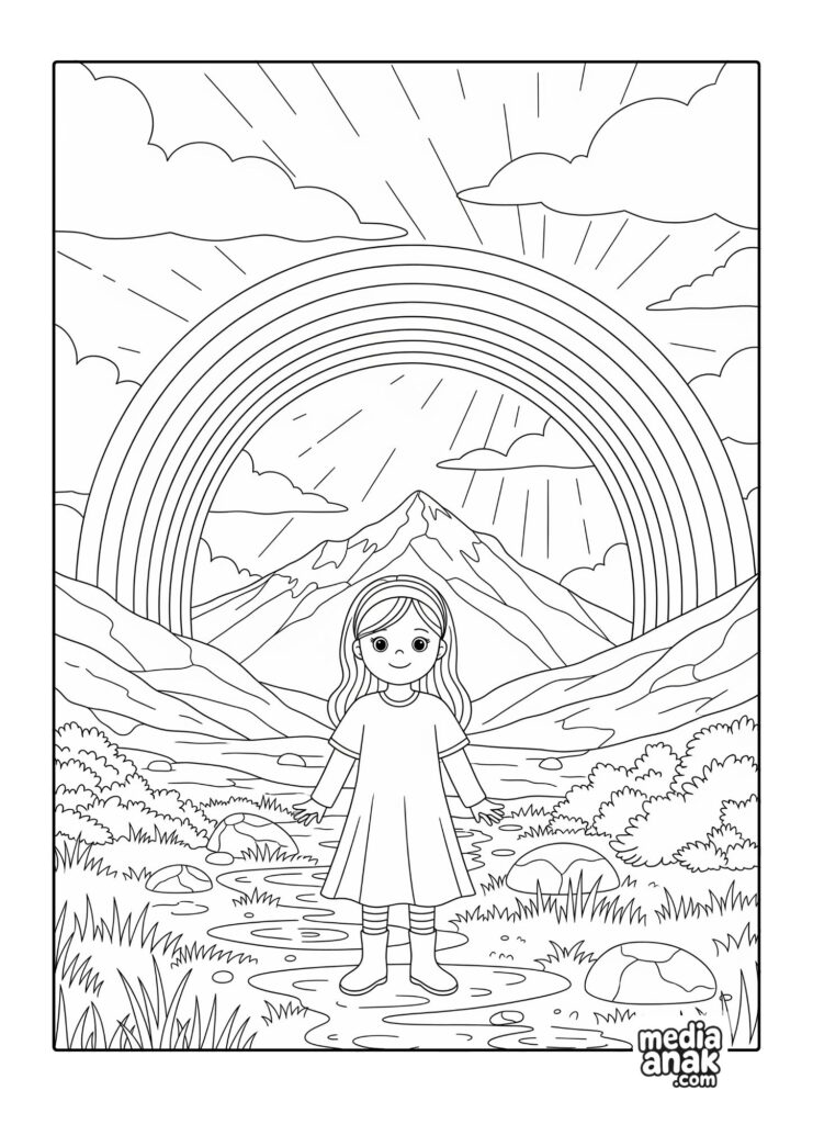 Gambar sketsa mewarnai pemandangan gunung dengan pelangi yang indah setelah hujan dan seorang anak perempuan bermain di genangan air.