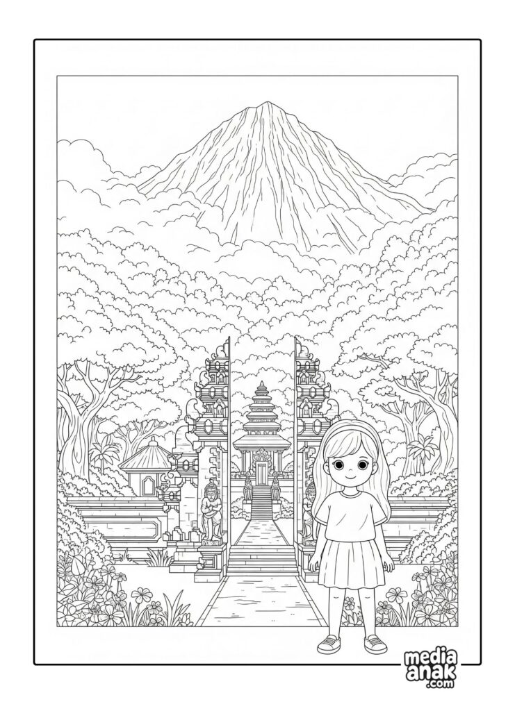 Gambar sketsa mewarnai pemandangan Pura di Bali dengan latar belakang Gunung Agung yang megah.
