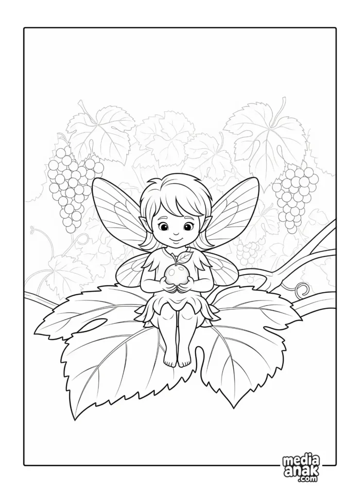 Gambar sketsa mewarnai seorang peri kecil dengan sayap sedang duduk di atas daun anggur dan memegang buah anggur ajaib.