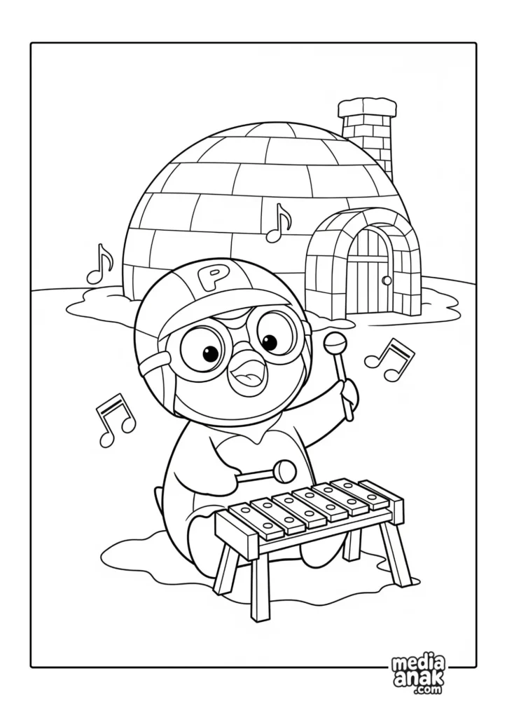 Gambar sketsa mewarnai Pororo sedang gembira bermain xilofon di depan rumah iglo-nya