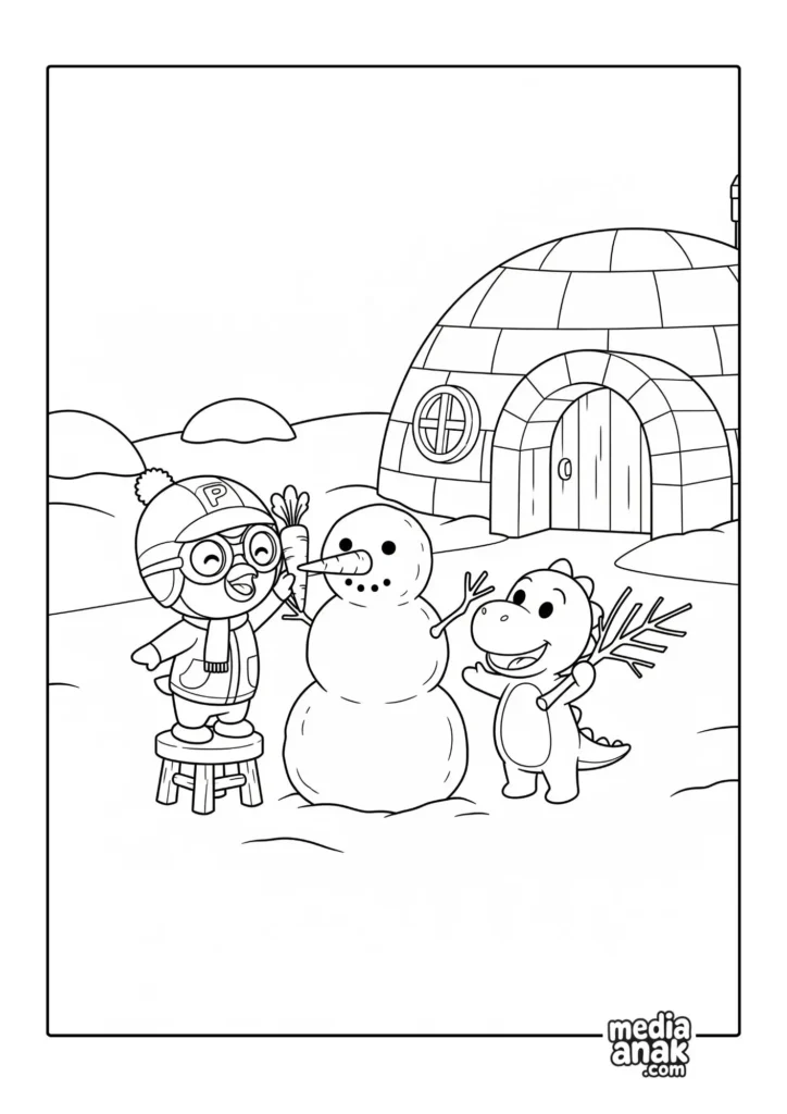 Gambar sketsa mewarnai Pororo dan Crong sedang bekerja sama membuat manusia salju di depan rumah iglo