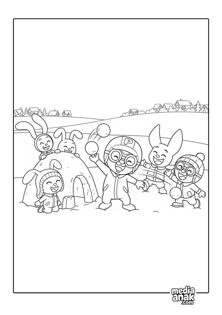 Gambar sketsa mewarnai Pororo dan kawan-kawan sedang bersenang-senang bermain perang bola salju di desa Porong Porong
