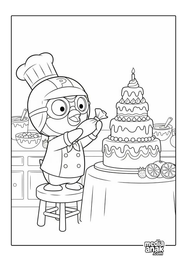 Gambar sketsa mewarnai Pororo memakai baju koki sedang menghias kue ulang tahun yang besar