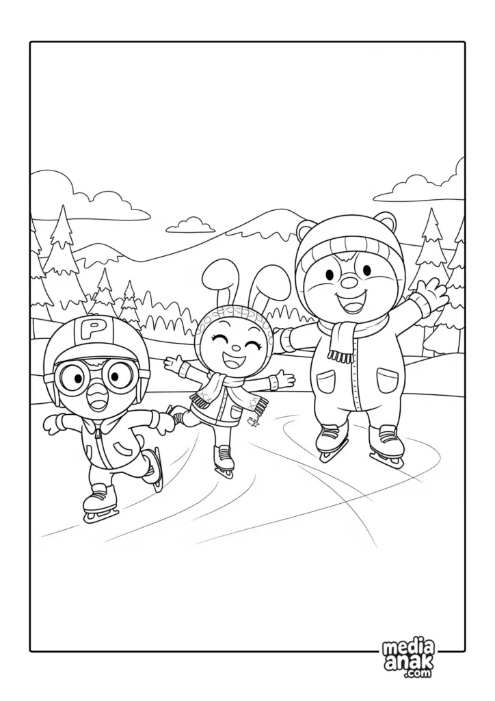 Gambar sketsa mewarnai Pororo, Loopy, dan Poby yang sedang bersenang-senang bermain seluncur es bersama