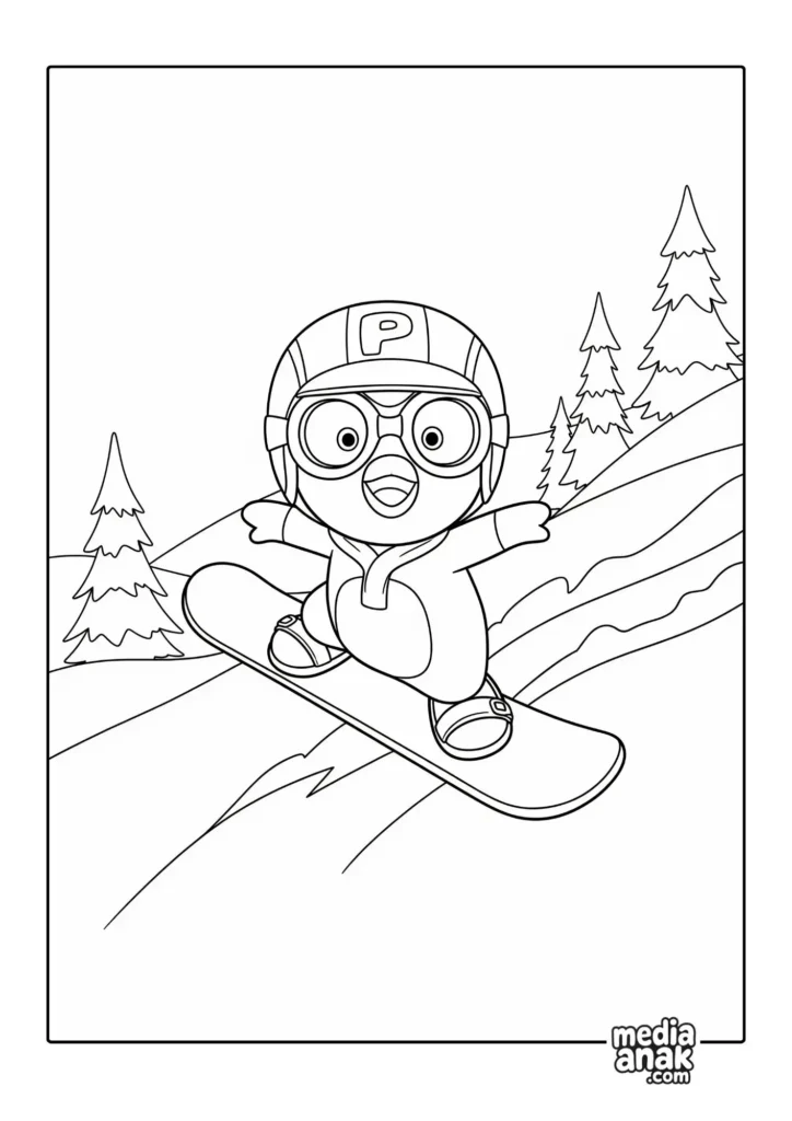 Gambar sketsa mewarnai Pororo si pinguin kecil sedang bermain snowboarding menuruni bukit salju