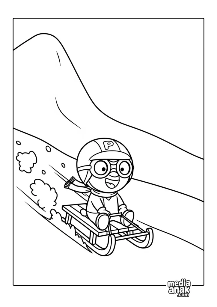 Gambar sketsa mewarnai Pororo sedang meluncur menuruni bukit salju dengan gembira menggunakan kereta luncur