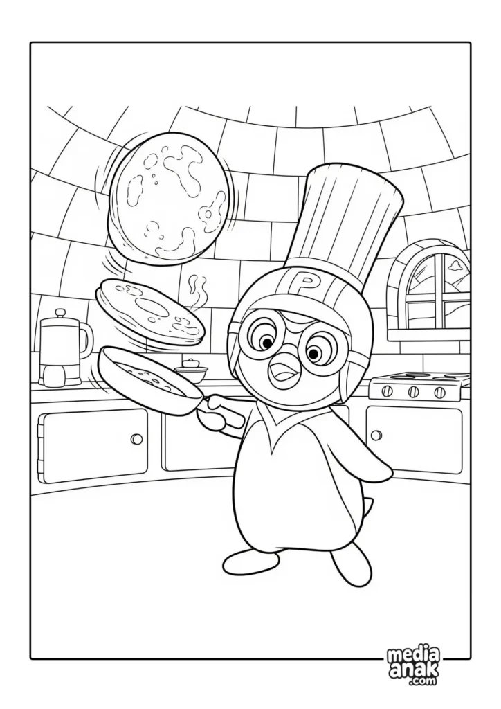 Gambar sketsa mewarnai Pororo memakai topi koki sedang asyik membalik panekuk di dapur rumah iglo-nya.