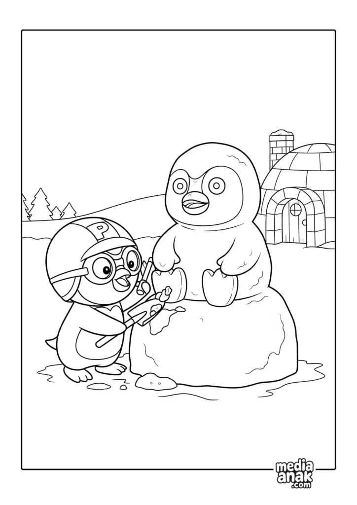 Gambar sketsa mewarnai Pororo sedang membuat patung salju berbentuk pinguin di depan rumah iglo-nya.
