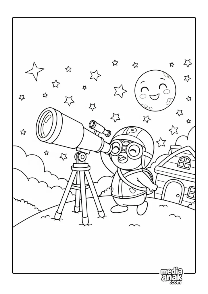 Gambar sketsa mewarnai Pororo sedang mengamati bulan dan bintang di langit malam menggunakan teleskop.