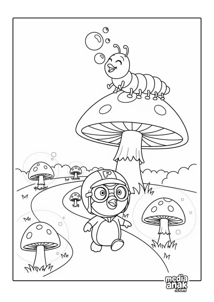 Gambar sketsa mewarnai Pororo sedang berjalan di sebuah jalan setapak di antara jamur-jamur ajaib