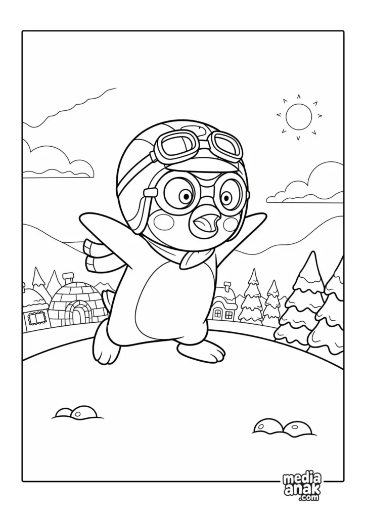 Gambar sketsa mewarnai Pororo si pinguin kecil memakai topi pilot dan kacamata, sedang melompat seolah ingin terbang di desa bersalju.