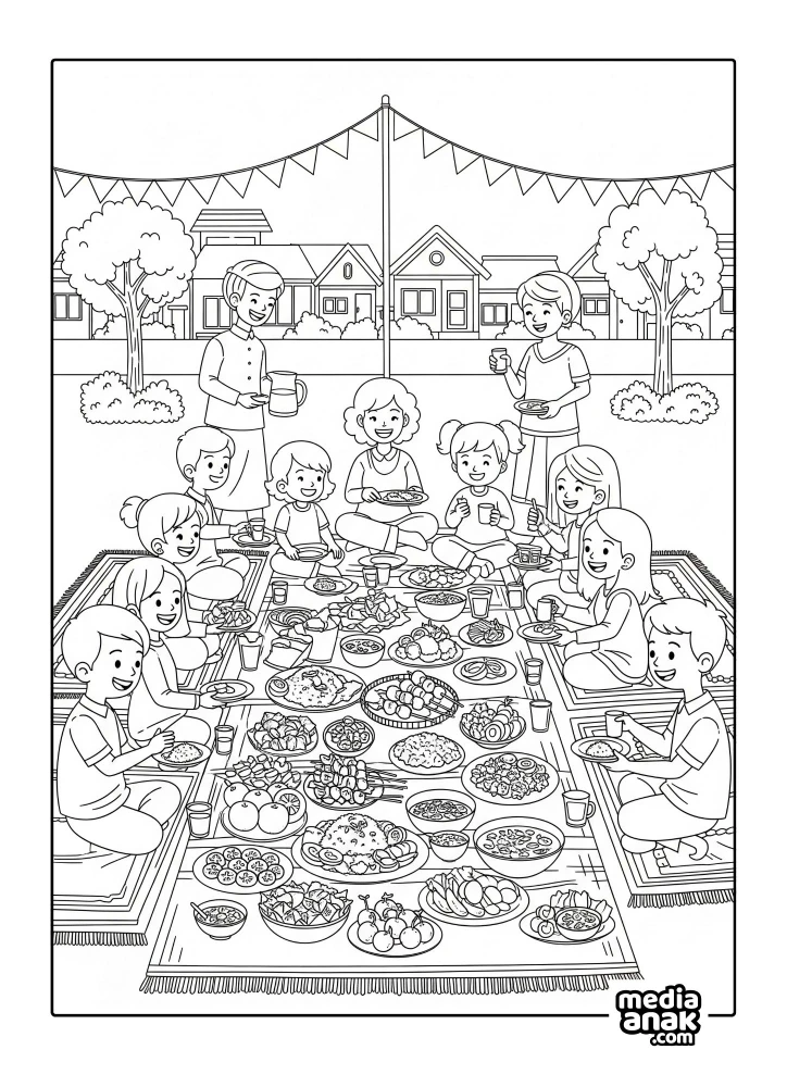 Gambar sketsa mewarnai warga sedang makan bersama di atas tikar dalam rangka syukuran HUT RI.