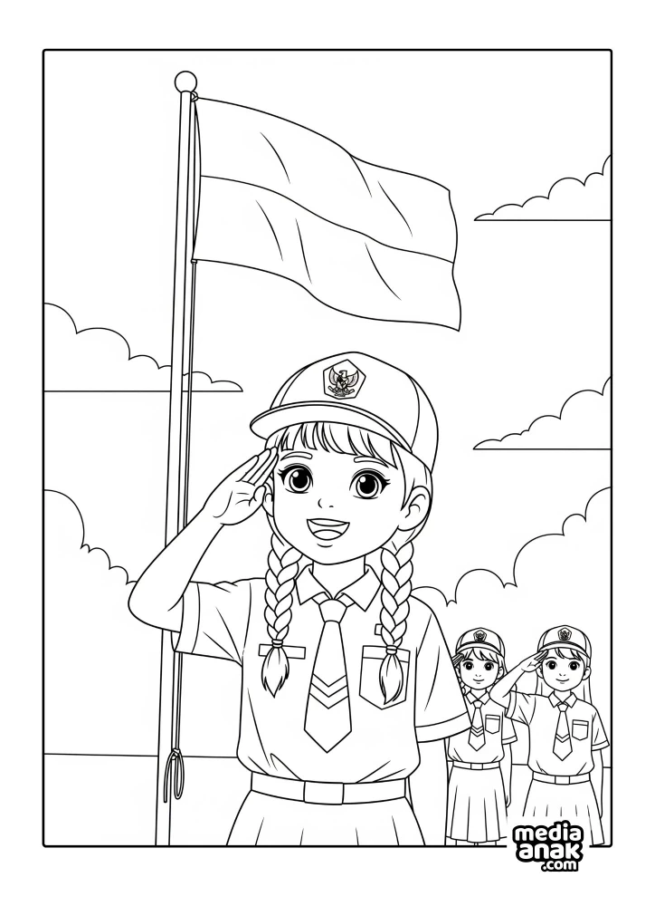 Gambar sketsa mewarnai seorang siswi berseragam lengkap sedang hormat bendera merah putih saat upacara HUT RI.