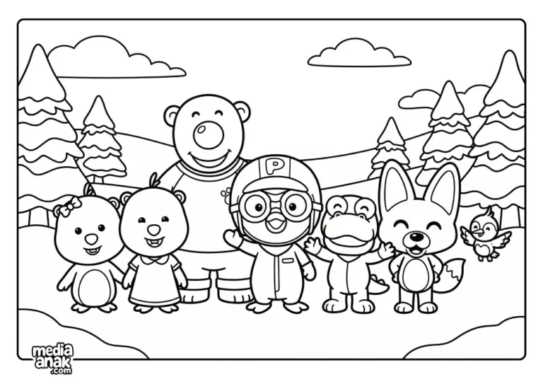 Pororo si Penguin Kecil berpose bersama Poby Beruang, Eddy Rubah, dan kawan-kawan di perbukitan salju untuk difoto.