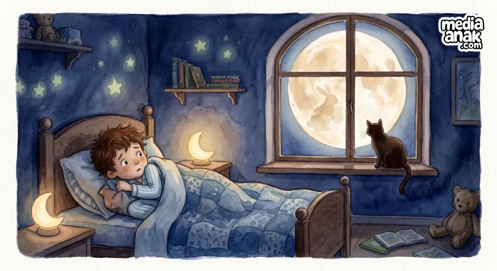 rian takut tidur sembunyi di balik selimut kamar gelap