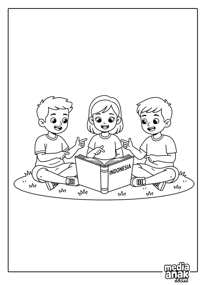 Gambar mewarnai tiga anak Indonesia yang duduk bersama di rumput, dengan antusias membaca buku berjudul 'INDONESIA' untuk merayakan semangat Sumpah Pemuda