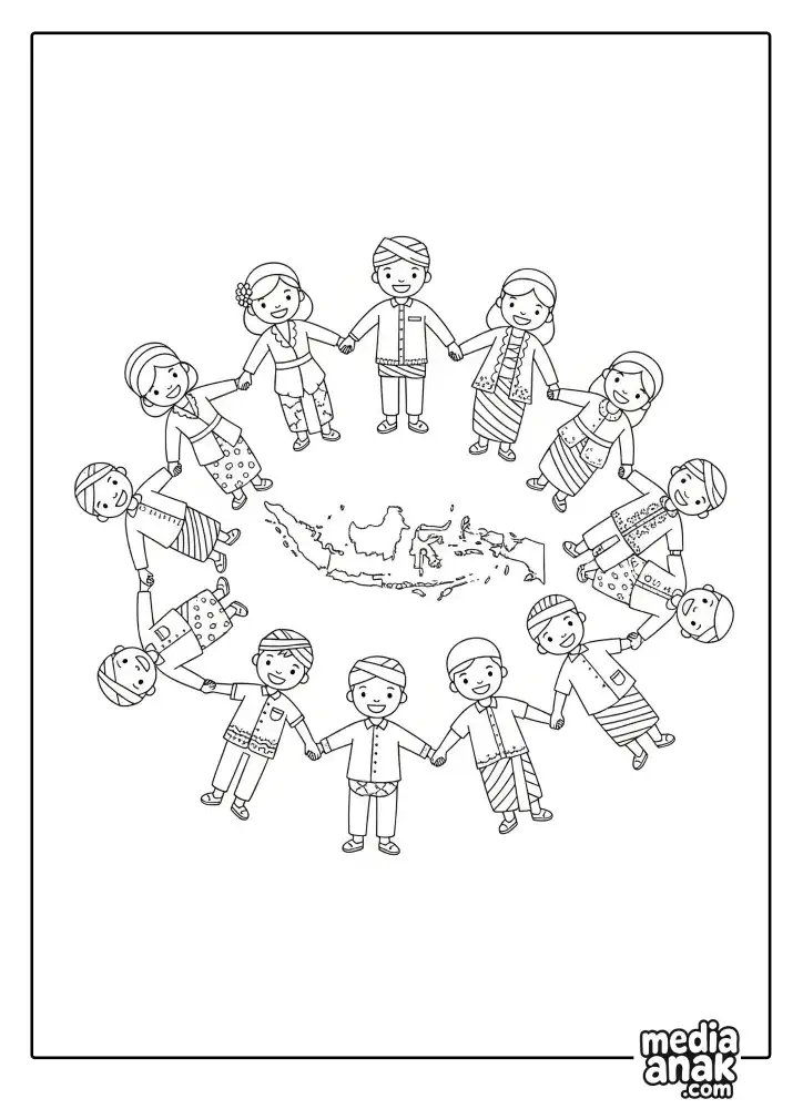 Gambar mewarnai anak-anak dengan beragam baju adat Indonesia sedang bergandengan tangan membentuk lingkaran mengelilingi peta Indonesia untuk Hari Sumpah Pemuda.