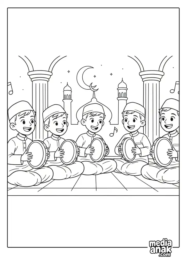 Lima anak laki-laki Muslim mengenakan peci sedang duduk gembira sambil bermain alat musik rebana di dalam masjid.