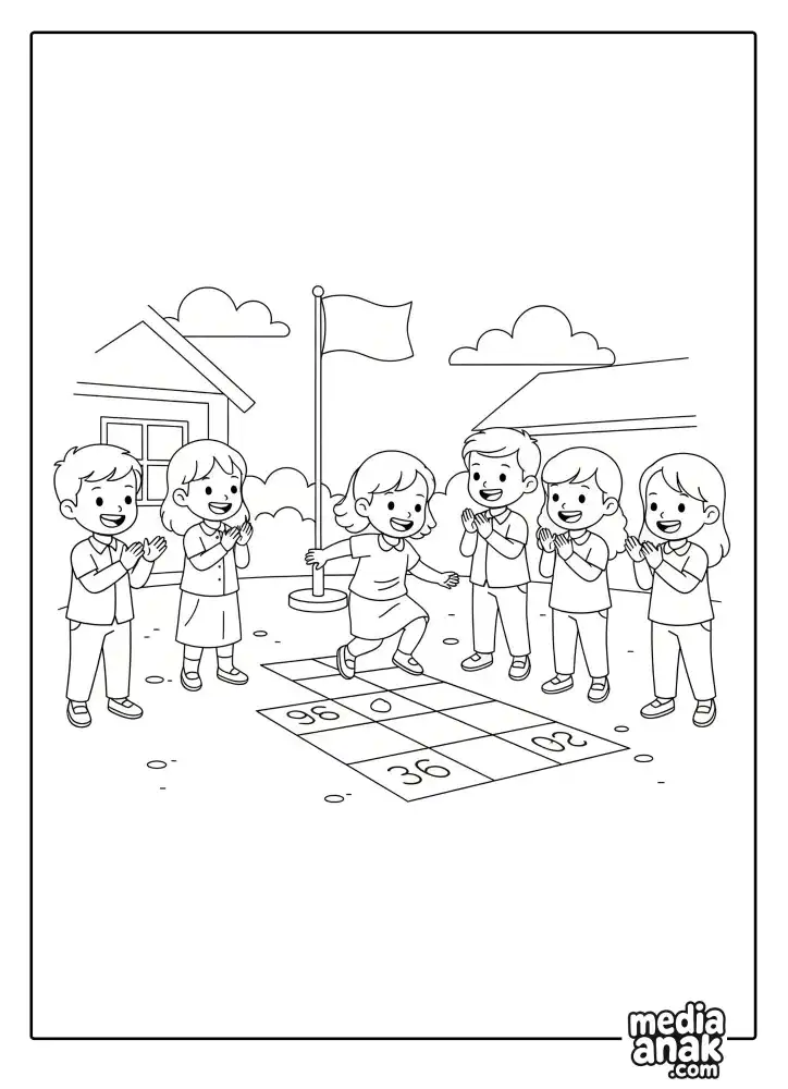 Gambar mewarnai sekelompok anak Indonesia yang sedang bermain permainan tradisional engklek dengan gembira di halaman, melambangkan persatuan dalam semangat Sumpah Pemuda.