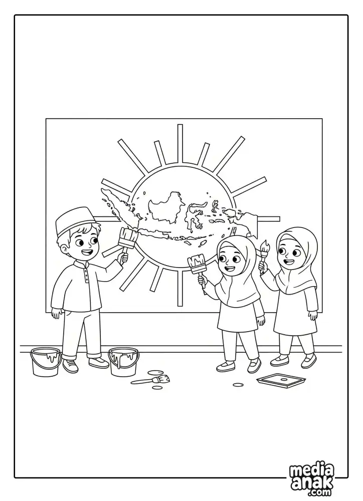 Gambar mewarnai tiga anak, satu laki-laki berpeci dan dua perempuan berjilbab, sedang bekerja sama dengan gembira melukis peta Indonesia di dinding untuk merayakan Hari Sumpah Pemuda.