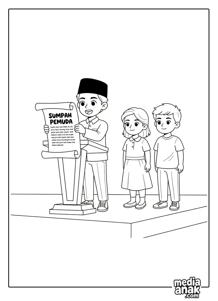 Gambar mewarnai seorang anak laki-laki berpeci sedang membacakan naskah Sumpah Pemuda di podium, didengarkan oleh dua temannya untuk peringatan Hari Sumpah Pemuda.