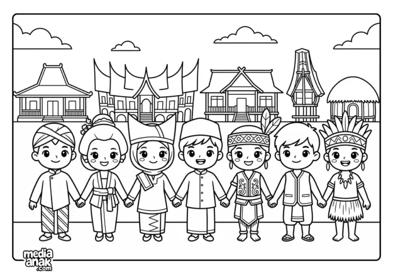 Gambar mewarnai anak karakter chibi pakaian adat berbagai daerah bergandengan tangan dengan latar rumah adat.