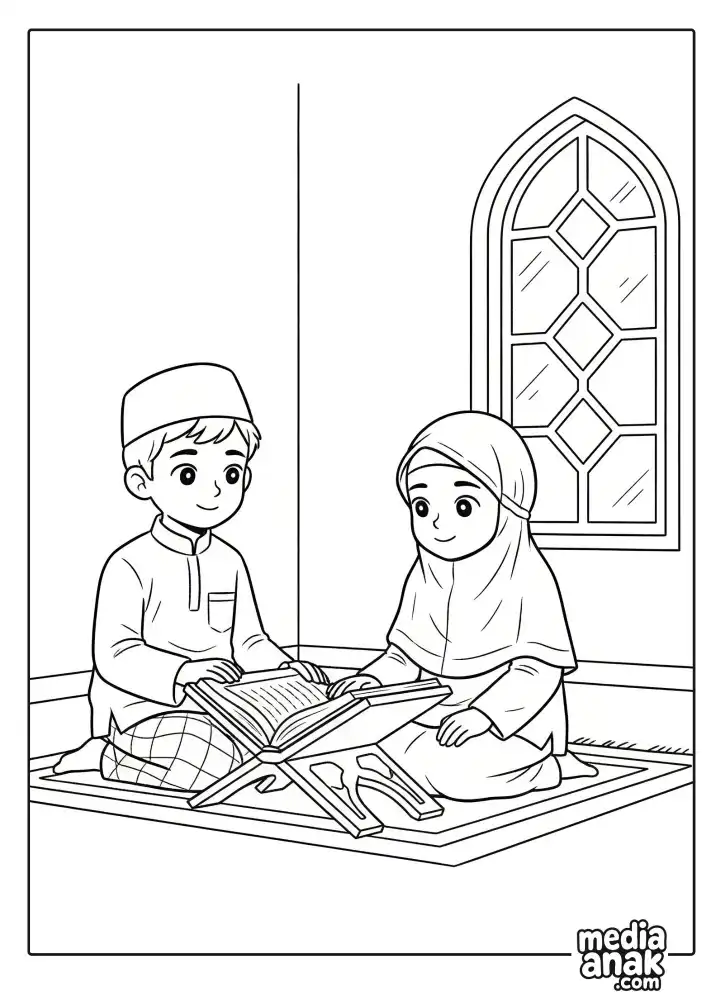 Gambar mewarnai kakak beradik santri, laki-laki dan perempuan, sedang duduk bersama di atas sajadah untuk belajar membaca Al-Quran dalam rangka Hari Santri Nasional.