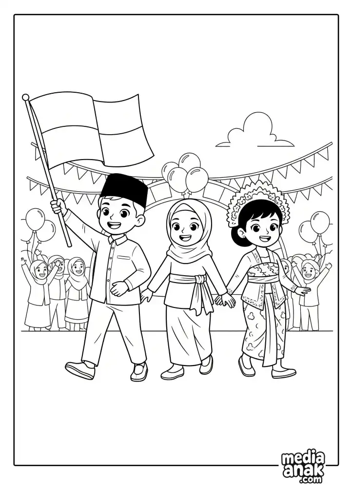 Gambar mewarnai tiga anak Indonesia yang mewakili keragaman, mengenakan peci, jilbab, dan baju adat Bali, bergandengan tangan saat pawai Sumpah Pemuda sambil membawa bendera Merah Putih.