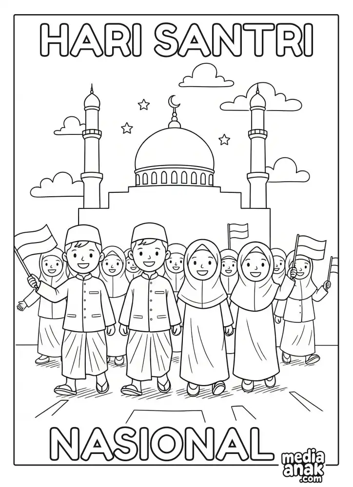 ekelompok santri laki-laki dan perempuan sedang melakukan pawai dengan gembira sambil membawa bendera Merah Putih di depan masjid untuk merayakan Hari Santri Nasional.