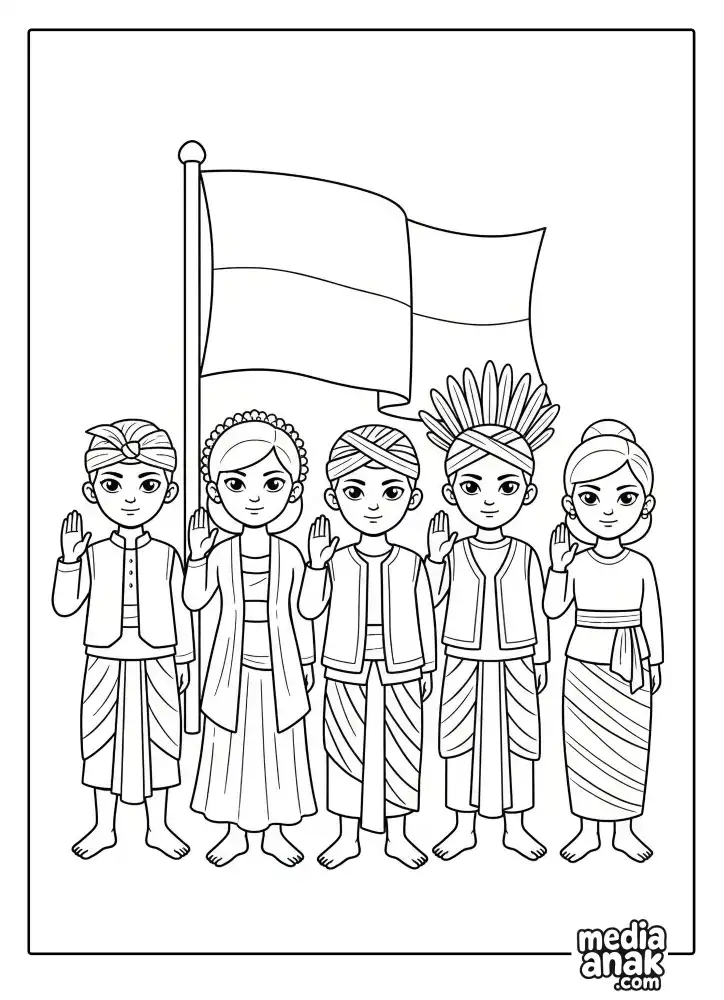 Gambar mewarnai lima pemuda-pemudi Indonesia dalam balutan baju adat dari berbagai daerah sedang berikrar di depan bendera Merah Putih untuk Hari Sumpah Pemuda.