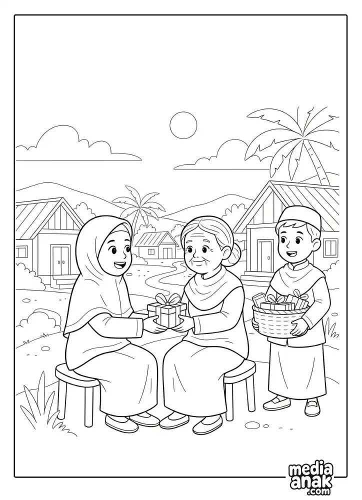 Gambar mewarnai dua santri cilik, laki-laki dan perempuan, sedang memberikan hadiah kepada seorang nenek di pedesaan sebagai bentuk kepedulian di Hari Santri Nasional.