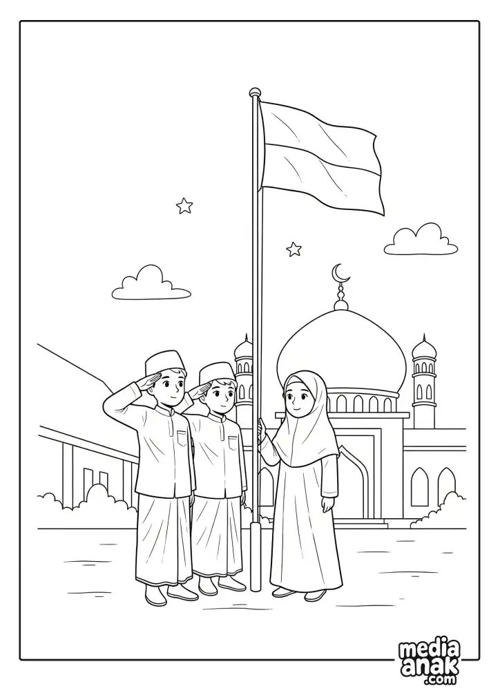 santri cilik sedang melaksanakan upacara bendera Merah Putih di halaman masjid untuk memperingati Hari Santri Nasional.

