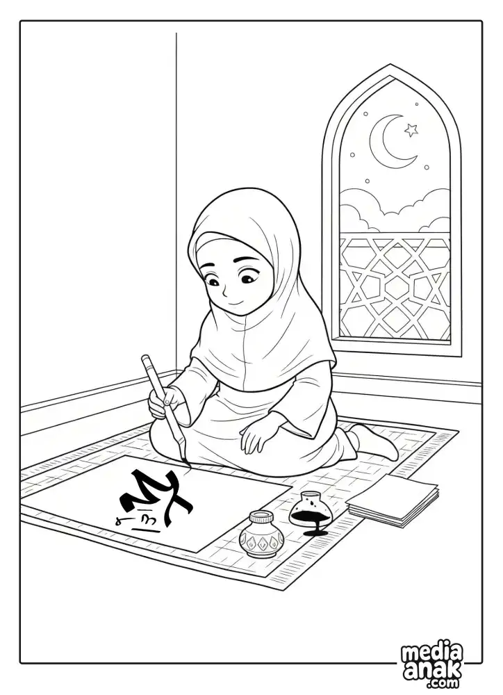 ambar mewarnai seorang santriwati berjilbab yang sedang tekun belajar menulis kaligrafi Arab di atas sajadah, sebagai bagian dari kegiatan Hari Santri Nasional.