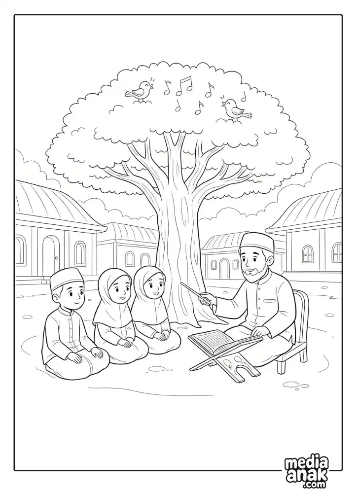 Gambar mewarnai seorang ustad yang sedang duduk mengajar tiga santri cilik di bawah pohon rindang dalam suasana pedesaan untuk Hari Santri Nasional.