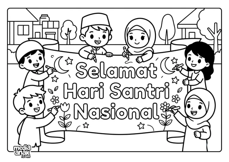 Anak-anak sedang bersemangat membuat banner dalam menyambut hari santri nasional