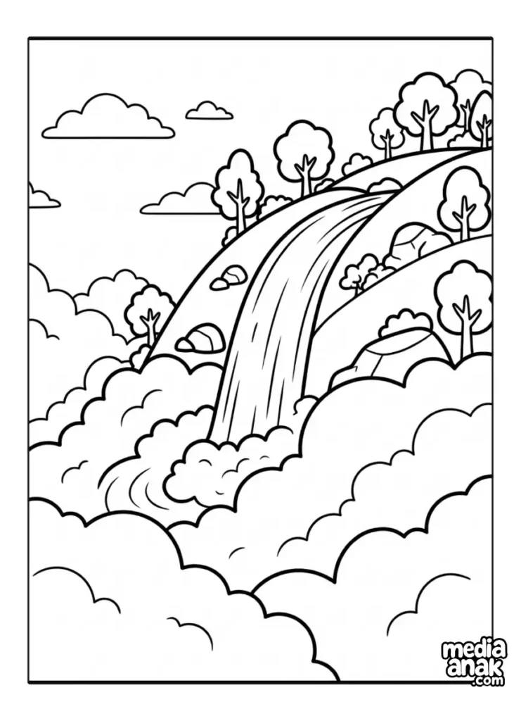 Ilustrasi garis hitam tebal pemandangan air terjun yang mengalir menuruni lereng, dikelilingi oleh gumpalan awan rendah yang memberikan efek kabut lembut dalam gaya kartun.