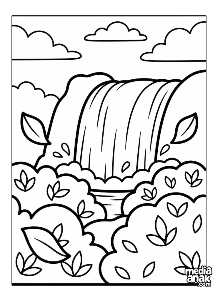 Sketsa pemandangan air terjun yang mengintip dari balik rimbunan semak belukar dengan aksen beberapa helai daun yang sedang berguguran di sekitarnya dalam gaya ilustrasi tebal.