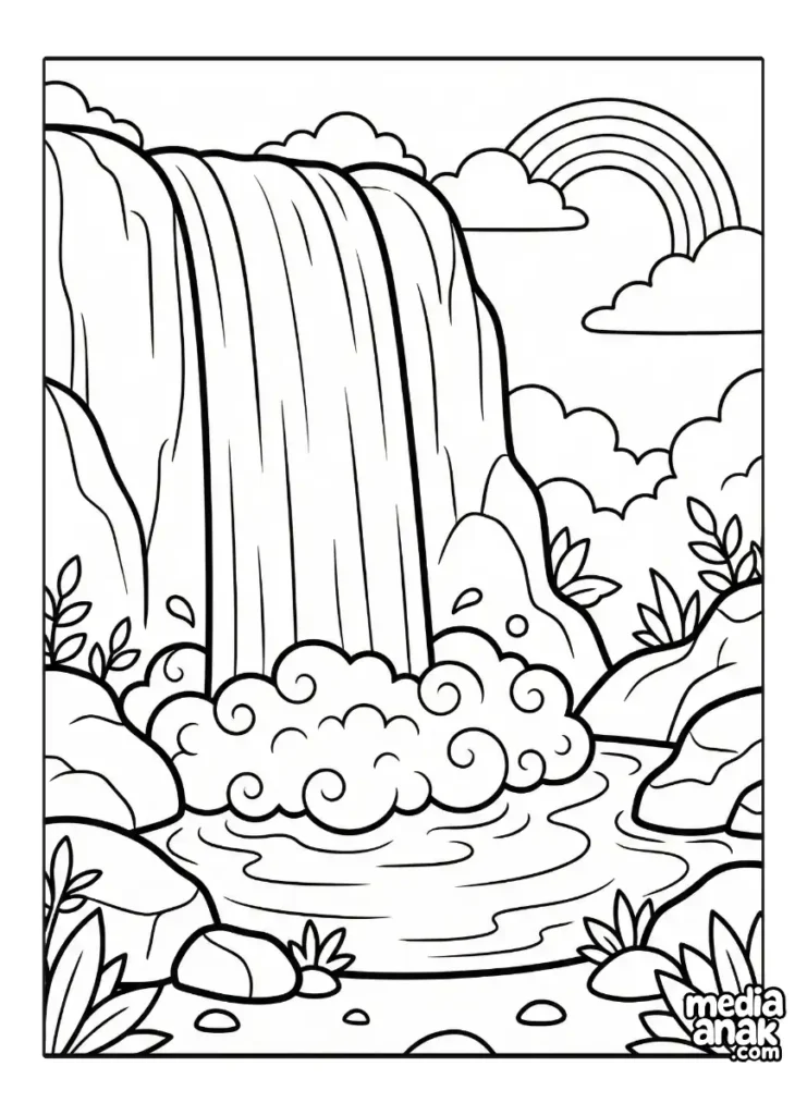 Ilustrasi garis hitam putih menampilkan air terjun yang menjulang tinggi dengan aliran air deras yang bermuara pada gumpalan kabut dan busa lembut di bagian bawah dalam gaya kartun lucu.