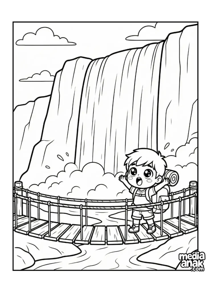 Ilustrasi hitam putih menampilkan karakter pendaki kecil bergaya chibi berdiri di atas jembatan kayu, sedang menatap takjub ke arah air terjun raksasa yang menjulang tinggi di hadapannya.