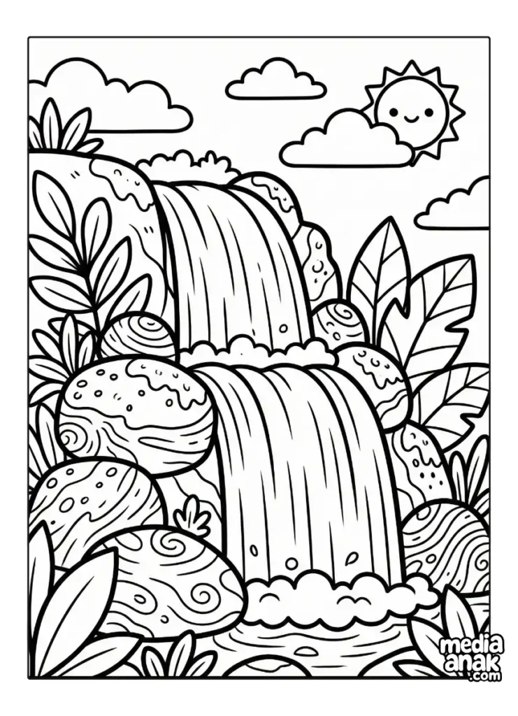 Ilustrasi hitam putih air terjun yang mengalir deras melewati susunan bebatuan besar di sisi sungai, digambar dengan gaya kartun lucu bergaris tebal tanpa bayangan.