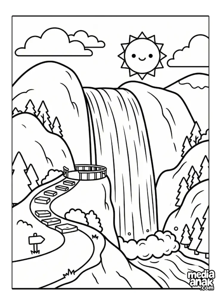 Ilustrasi hitam putih menampilkan air terjun besar yang mengalir di celah antara dua bukit gunung, dilengkapi dengan gambar jalan setapak atau jalur pendakian yang meliuk di sisinya dalam gaya vektor sederhana.