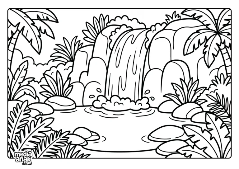 Halaman mewarnai air terjun yang mengalir di antara batu besar dan pohon kelapa.