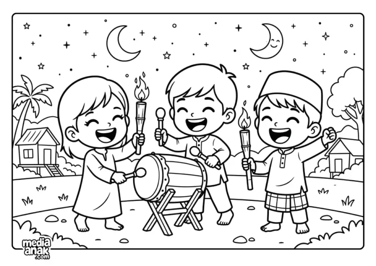 Gambar mewarnai anak anak chibi yang sedang bergembira memukul bedug dan membawa obor di bawah langit malam berbintang saat malam takbiran lebaran.