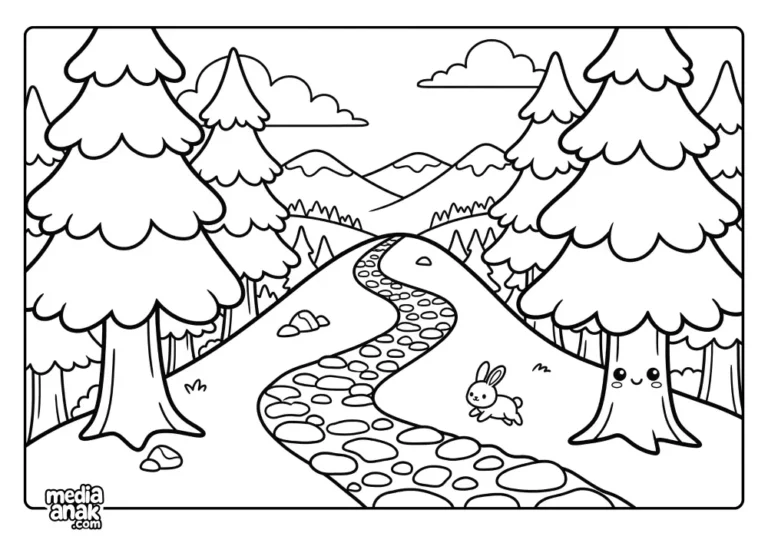 Halaman mewarnai jalan setapak berbatu di hutan dengan dua pohon pinus besar, seekor kelinci lucu, dan pegunungan di kejauhan.