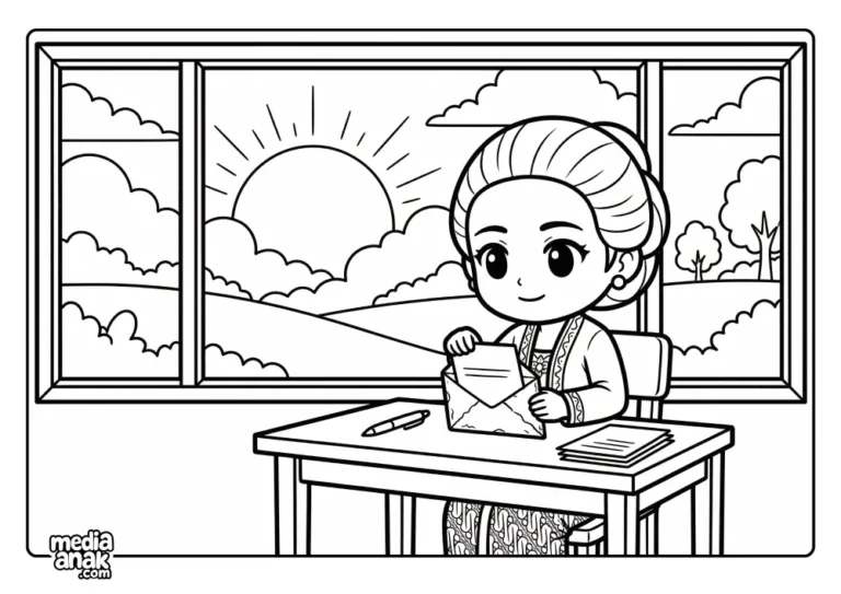 Halaman mewarnai Ibu Kartini memegang surat di meja depan jendela besar dengan pemandangan fajar.