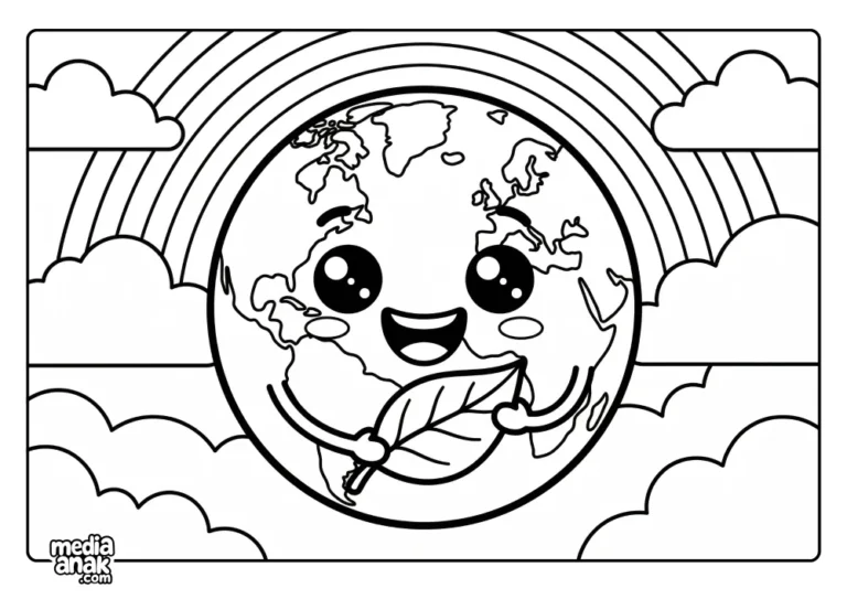 Karakter bumi bulat tersenyum lebar dan bahagia memegang daun di antara awan dan pelangi yang cerah.