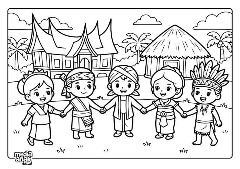 Mewarnai lima anak Chibi berpegangan tangan memakai baju adat berbeda di depan Rumah Gadang dan Honai.