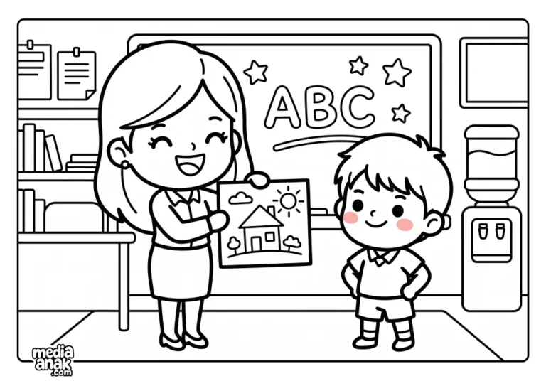 Guru tersenyum bangga memegang gambar rumah dari muridnya di kelas.